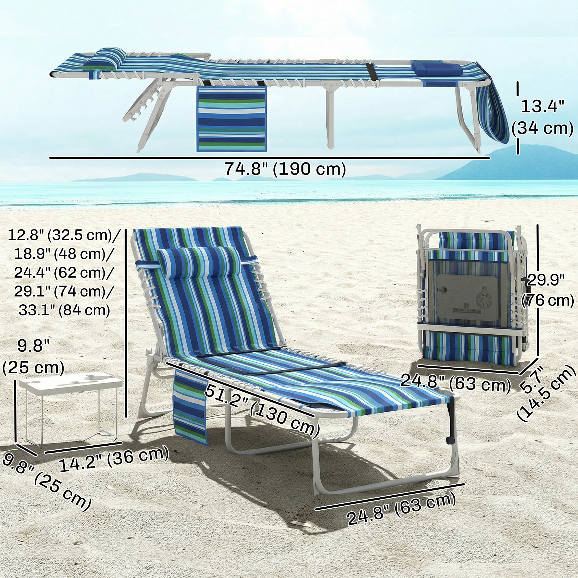 Tanning Chair with Face Hole and Side Table, Folding Outdoor Lounge Chair with Carry Straps, Side Pocket, Blue Stripe