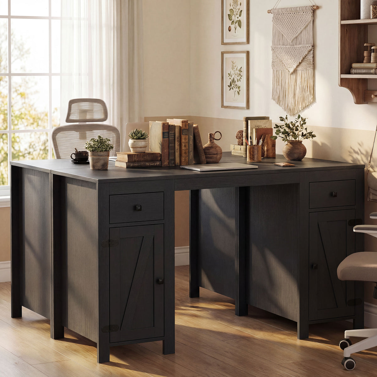53" Farmhouse Executive Desk, Computer Desk with Drawers and 2 Cabinets, Study Table for Home Office, Black Wood Grain