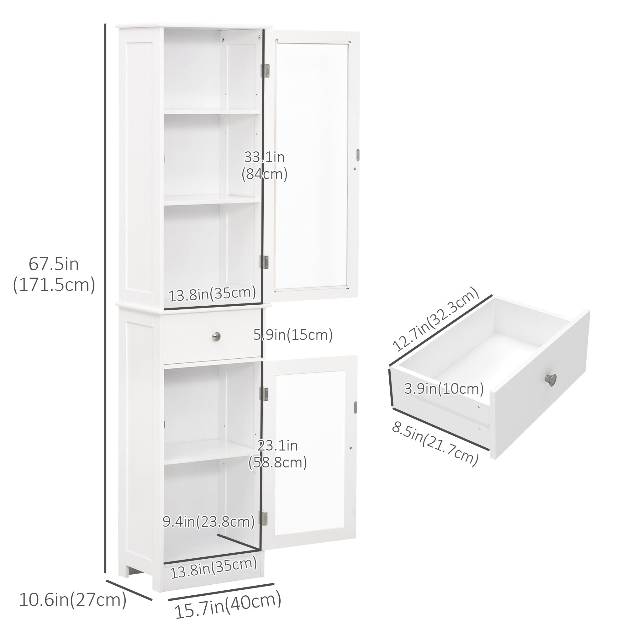 Tall Bathroom Cabinet, Bathroom Storage Cabinet with Drawers, 2 Doors and Adjustable Shelves, White