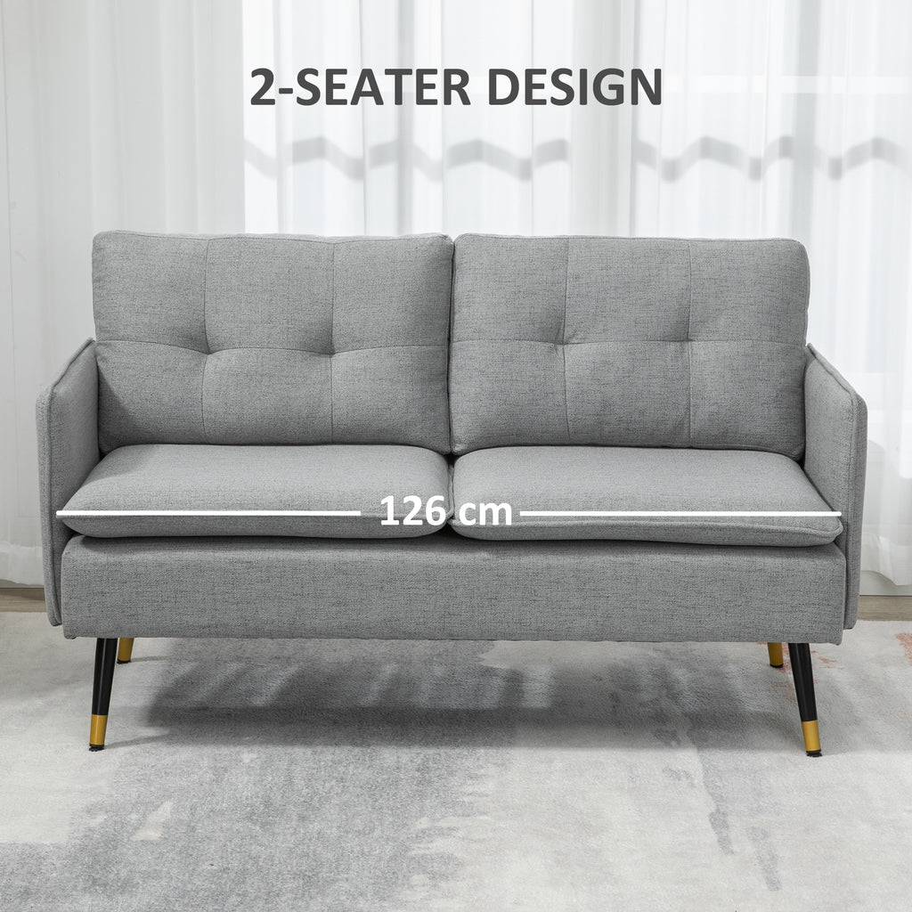 55" Loveseat Sofa, Linen Love Seat w/ S spring, Steel Legs and Button Tufting, Small Couch for Living Room, Grey