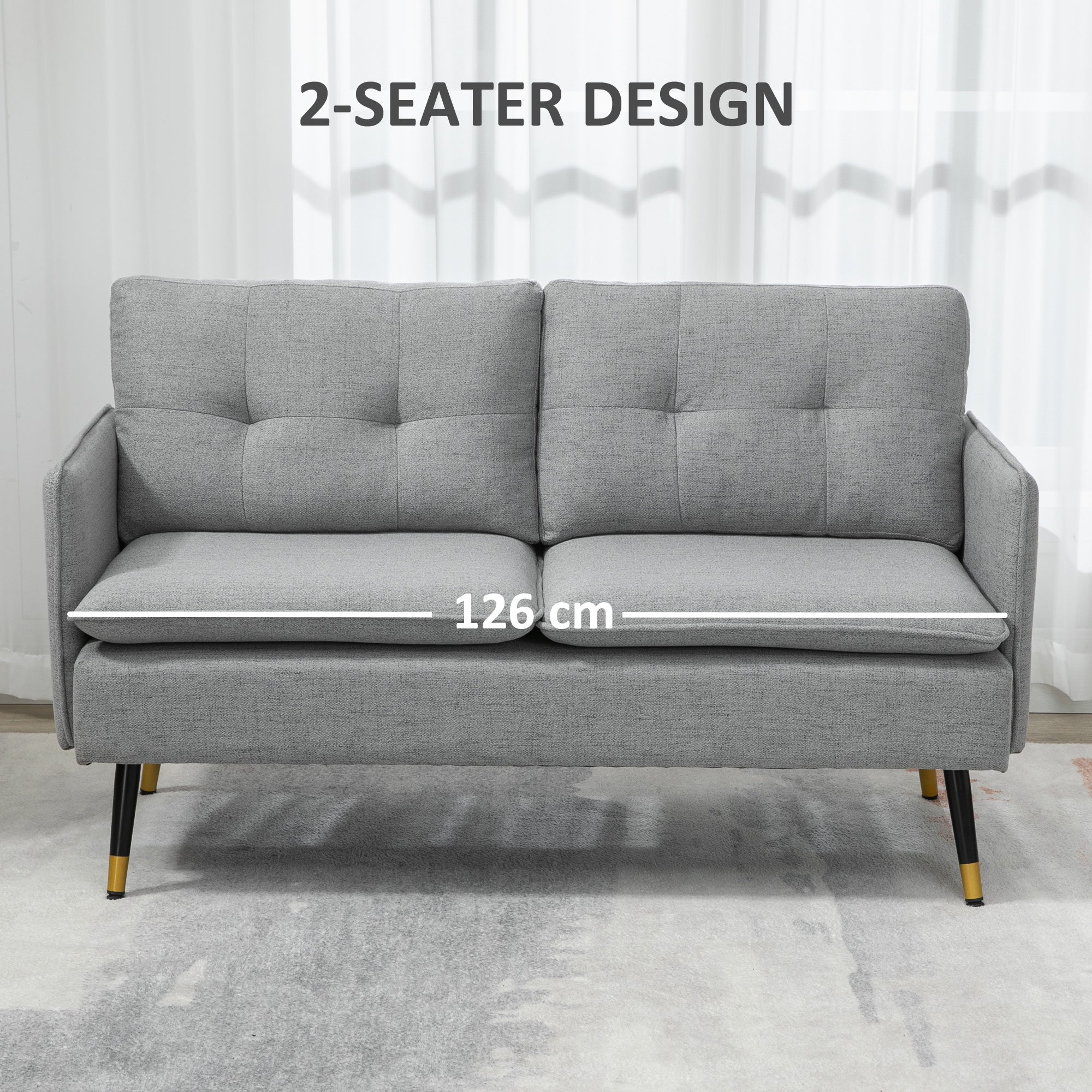 55" Loveseat Sofa, Linen Love Seat w/ S spring, Steel Legs and Button Tufting, Small Couch for Living Room, Grey