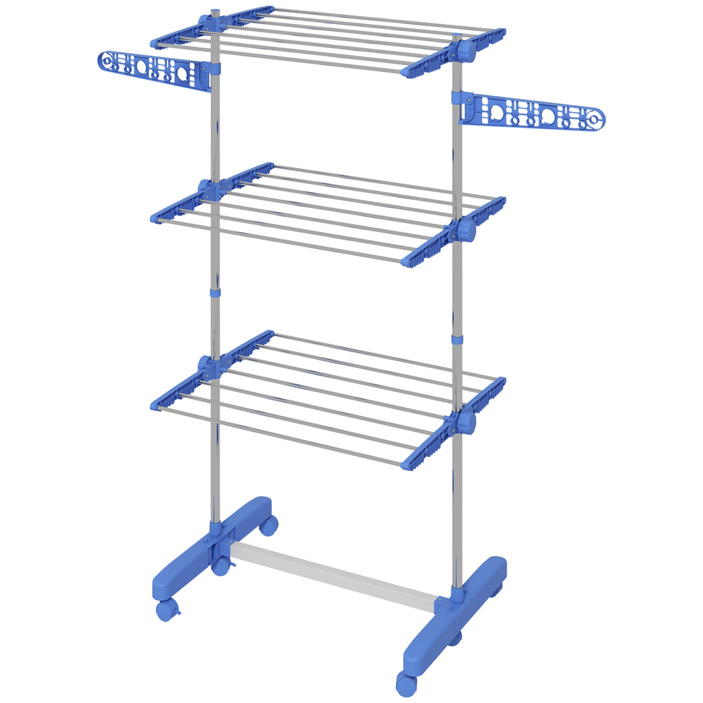 3-Tier Foldable Clothes Drying Rack, Stainless Steel Laundry Rack with 2 Side Wings and 6 Castors, Collapsible Adjustable Clothes Airer for Indoor Outdoor, White