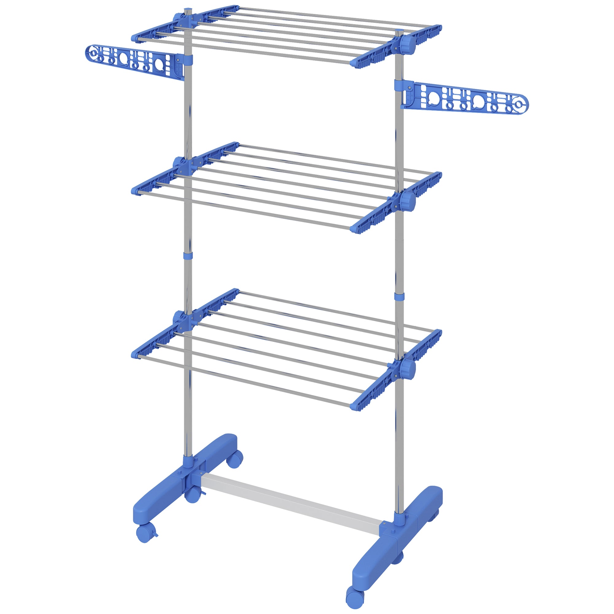 3-Tier Foldable Clothes Drying Rack, Stainless Steel Laundry Rack with 2 Side Wings and 6 Castors, Collapsible Adjustable Clothes Airer for Indoor Outdoor, White