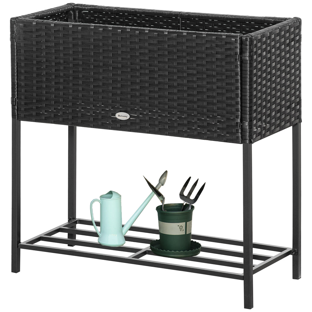 Rattan Raised Garden Boxes, Elevated Flower Beds with Storage Shelf for Herbs, Flowers, Vegetables, Brown