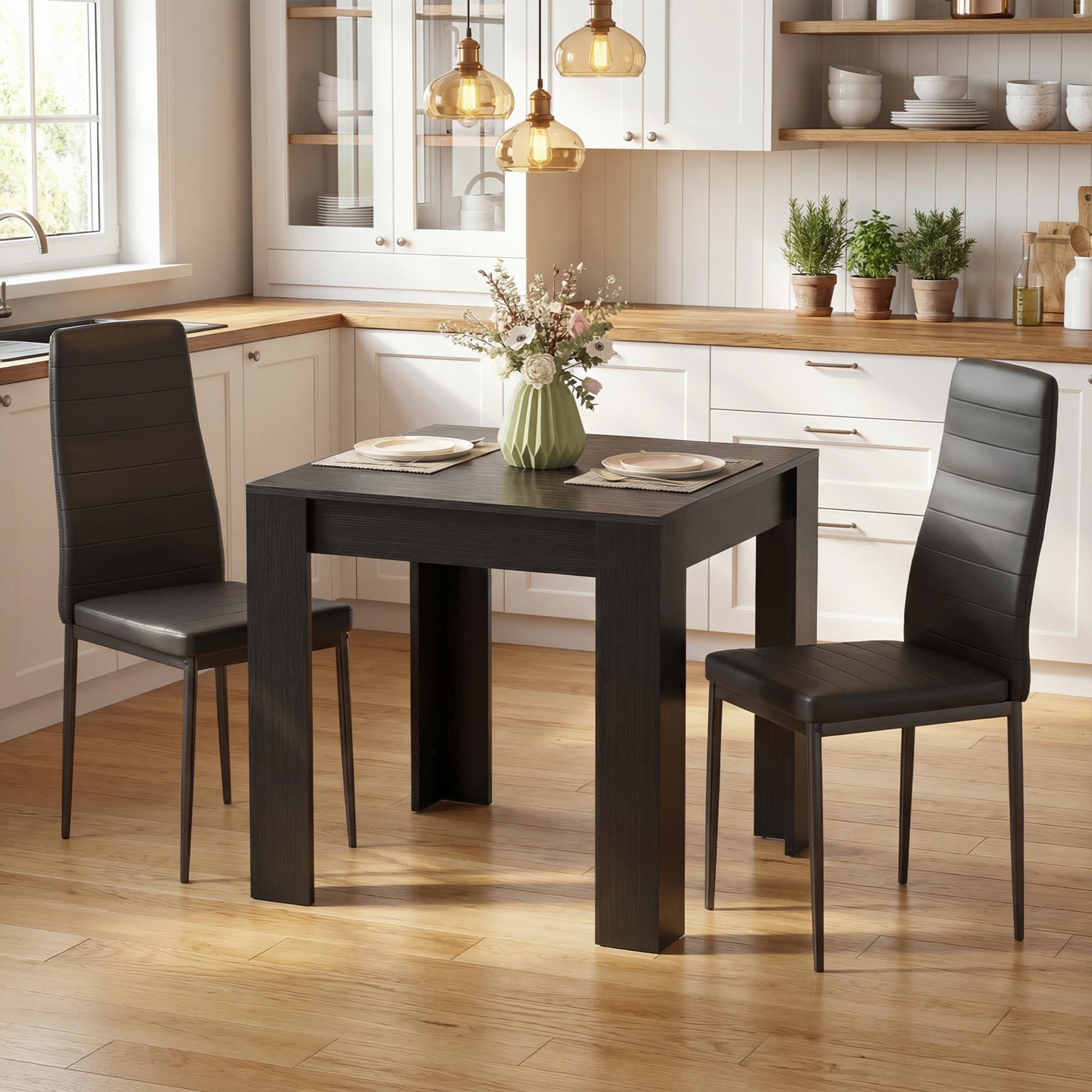 Dining Table Set for 2, Square Kitchen Table and Chairs, Dining Room Table and PU Leather Upholstered Chairs, Black