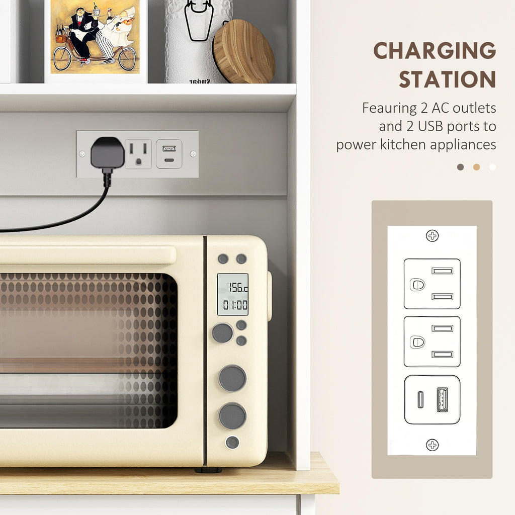 Kitchen Cabinet with Charging Station, 2 Tilt Out Cabinets, Microwave Stand, Freestanding Kitchen Pantry Cabinet, White