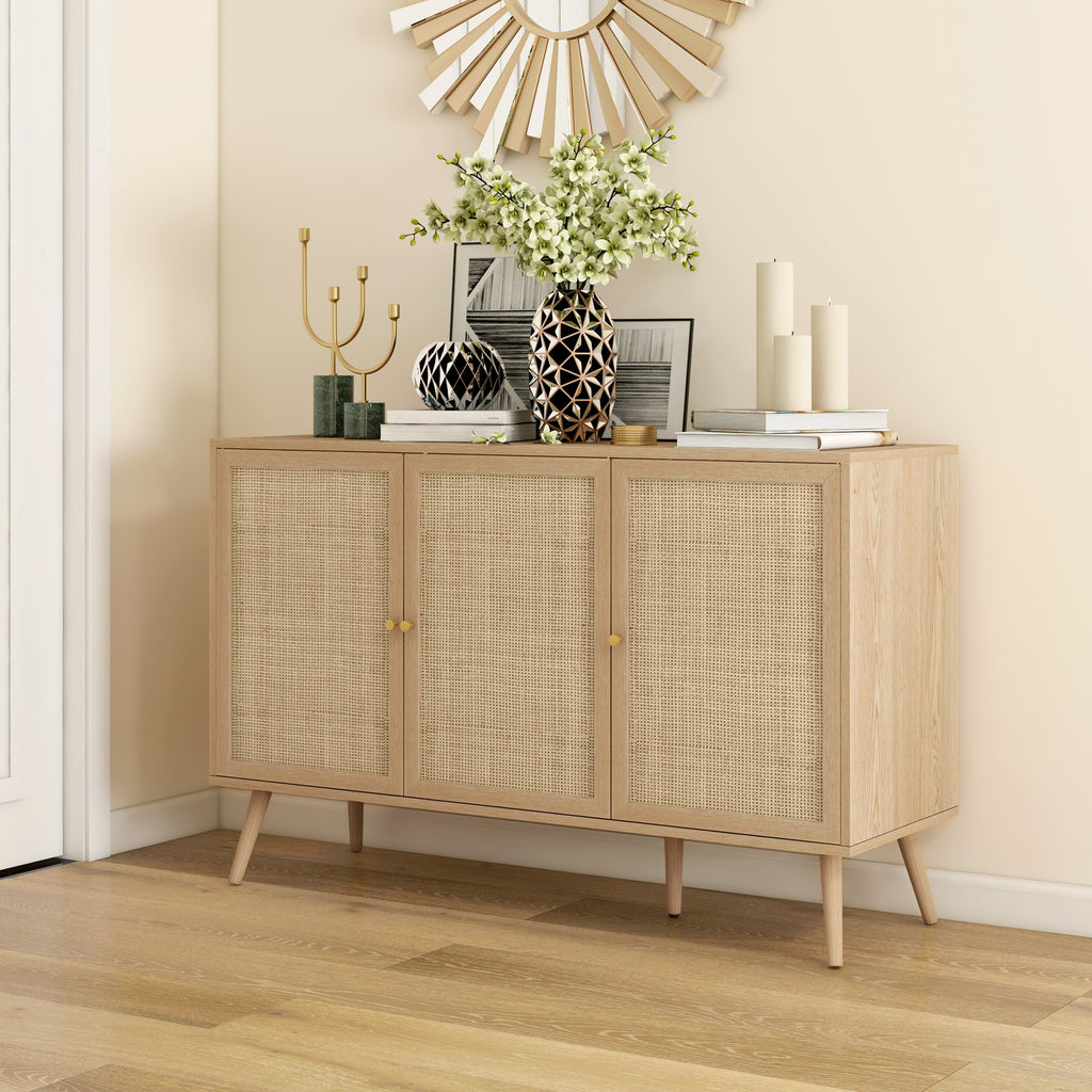 Kitchen Sideboard Cabinet, Boho Storage Cabinet with Shelves, Wood Legs, Decorative Rattan Doors, Natural