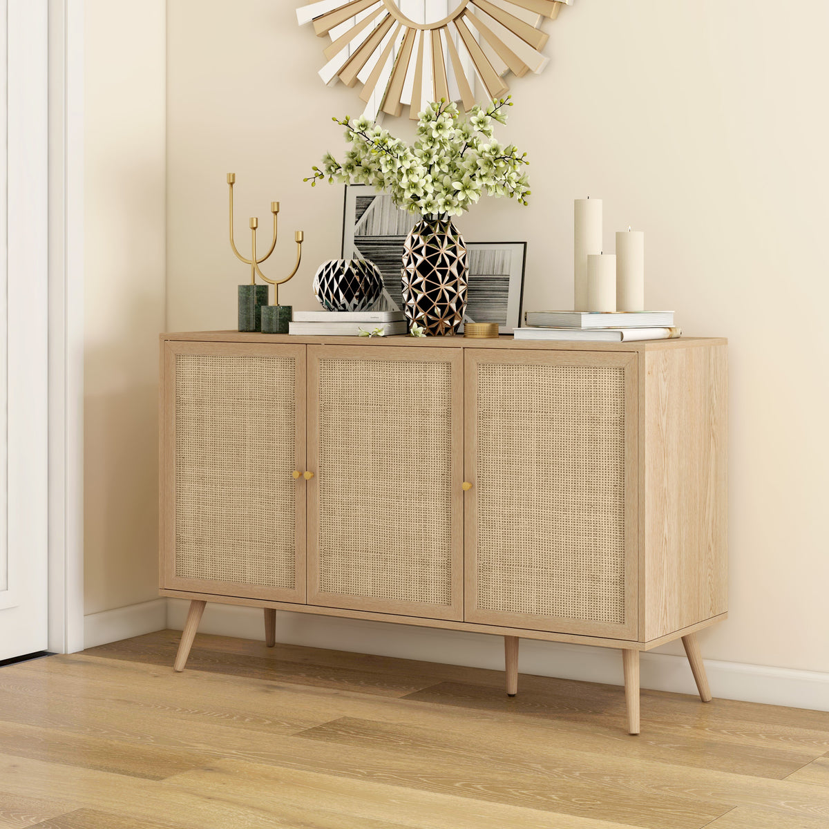 Kitchen Sideboard Cabinet, Boho Storage Cabinet with Shelves, Wood Legs, Decorative Rattan Doors, Natural