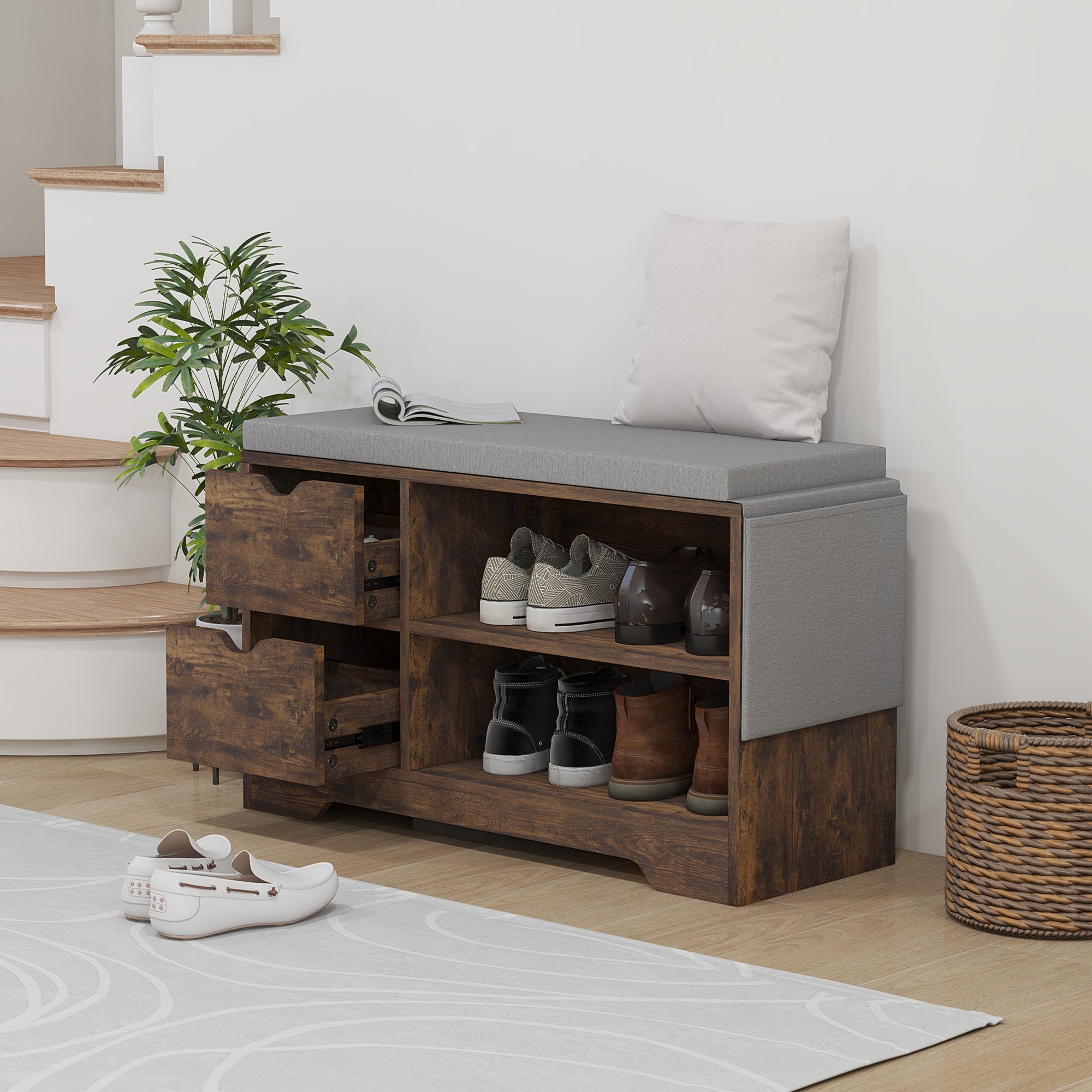 مقعد تخزين أحذية مبطّن مع مقعد، مقعد مدخل مع أدراج ورفوف مفتوحة وجيب للممر، بني ريفي