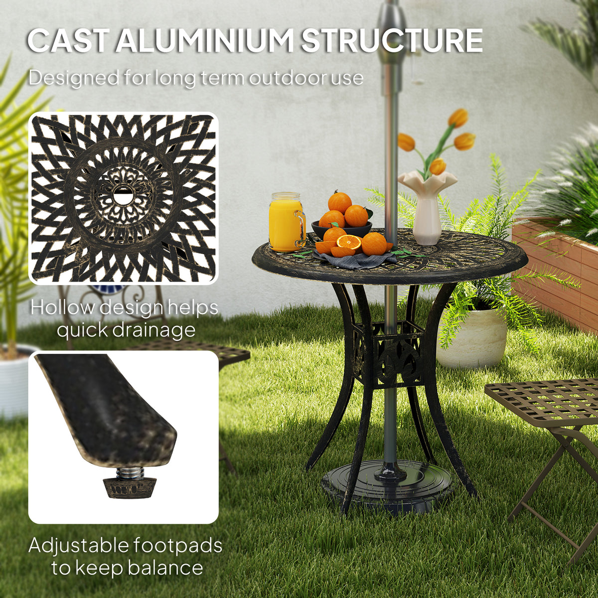 30-inch Round Patio Dining Table with Umbrella Hole Cast Aluminium Outdoor Bistro Table, Black