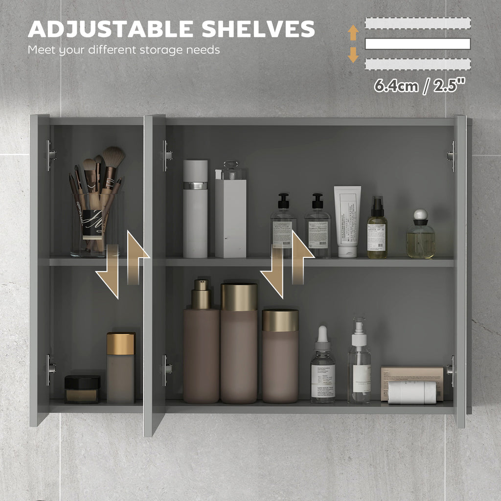 28" x 24" Wall Mounted Mirror Cabinet, Bathroom Medicine Cabinet with Mirror, 3 Doors and Adjustable Shelves, White