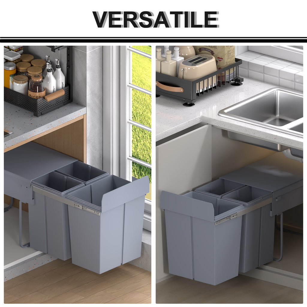 Pull Out Trash Can Under Cabinet, 10.6 Gallon (40L) Slide Out Garbage Can with 3 Removable Compartments, Grey