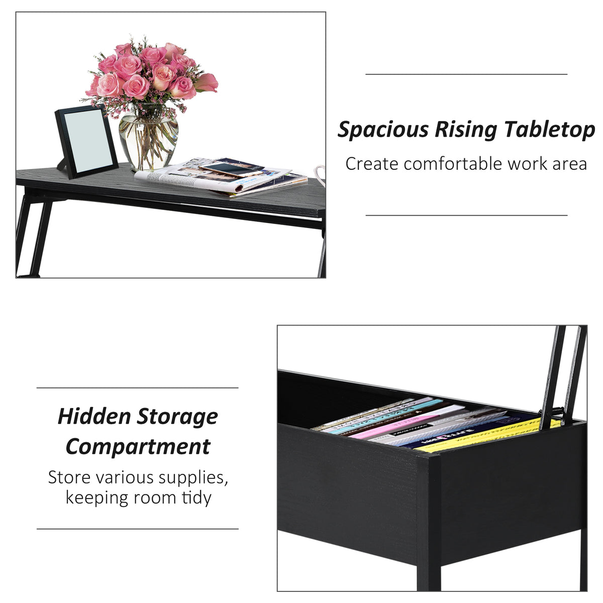 39" Modern Lift Top Coffee Table with Hidden Storage Compartment, Center Table for Living Room, Black