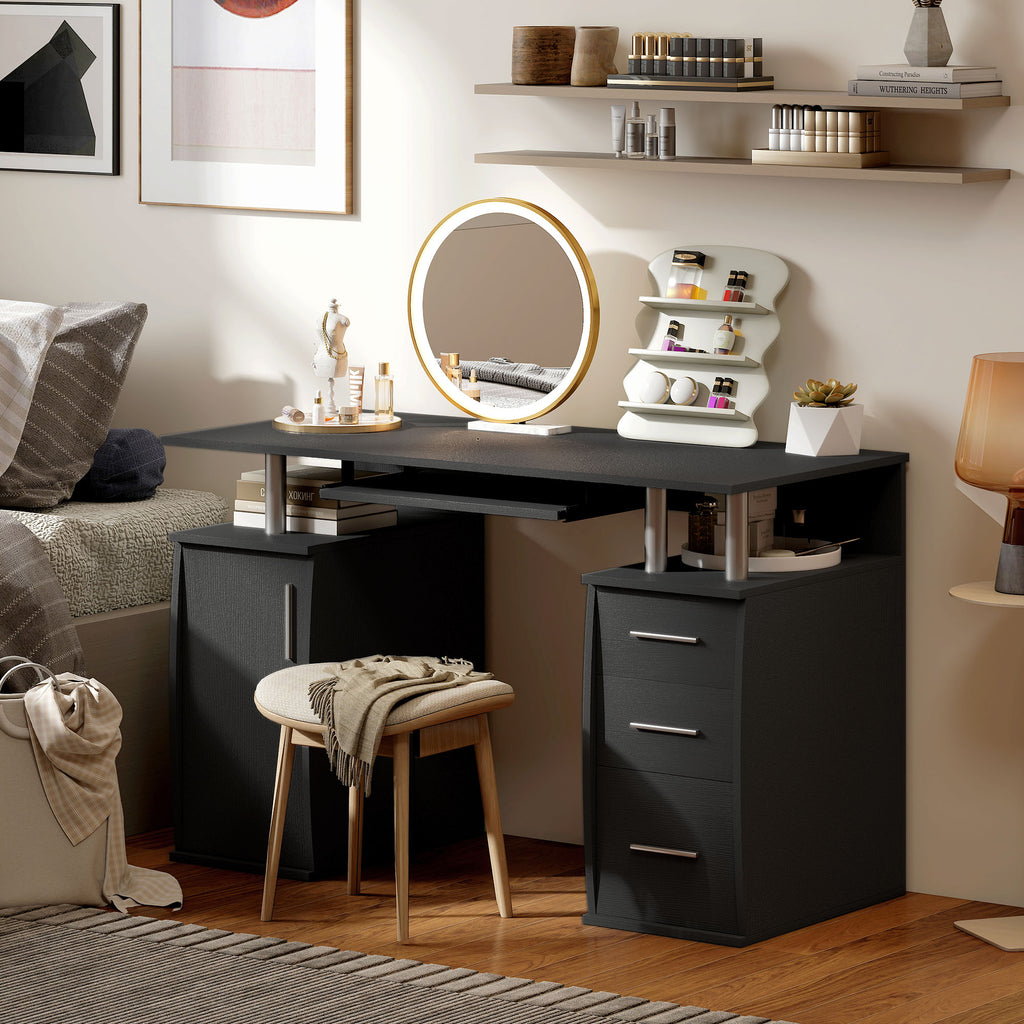 47" Computer Desk with Keyboard Tray and Storage Drawers, Home Office Workstation Table with Storage Shelves, White