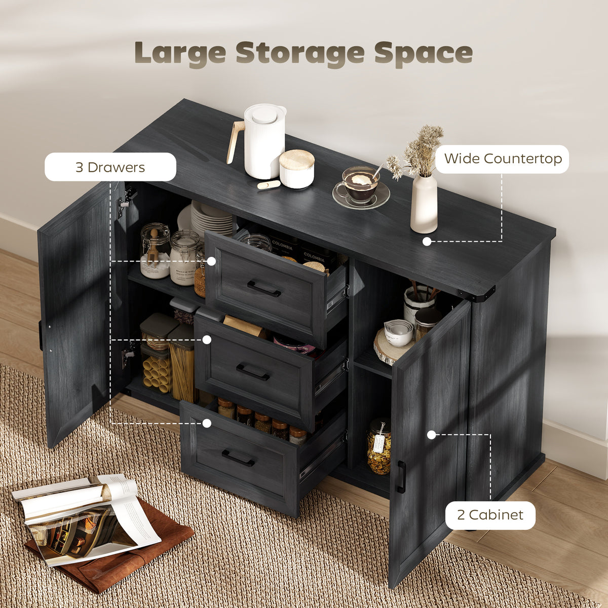 Sideboard with 3 Drawers and 2 Doors, 47" Buffet Cabinet with Adjustable Shelves for Kitchen, Black Wood Grain