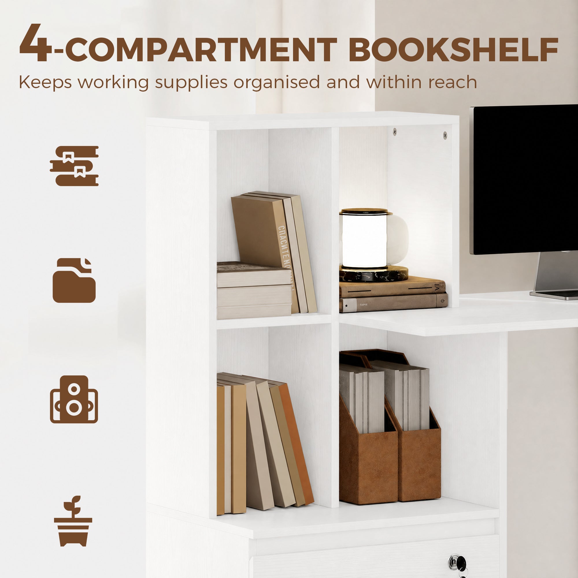 Computer Desk, Office Desk with Bookshelf, File Drawer and Legal Hanging File Holders, White Wood Grain