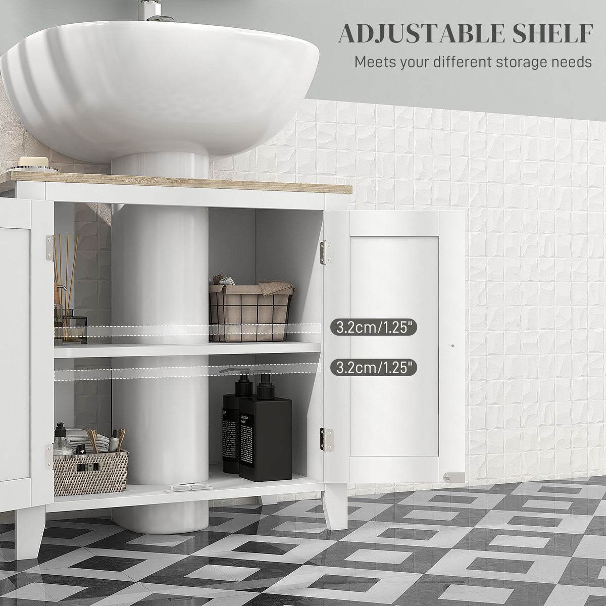 Bathroom Sink Vanity Unit, Under Sink Bathroom Cabinet with U-Shape Design and Adjustable Shelf, White