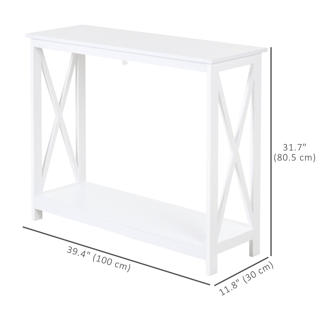 40" Console Table, 2 Tier X-Design Narrow Entryway Table with Storage Shelf for Behind Couch, Living Room, Hallway, White