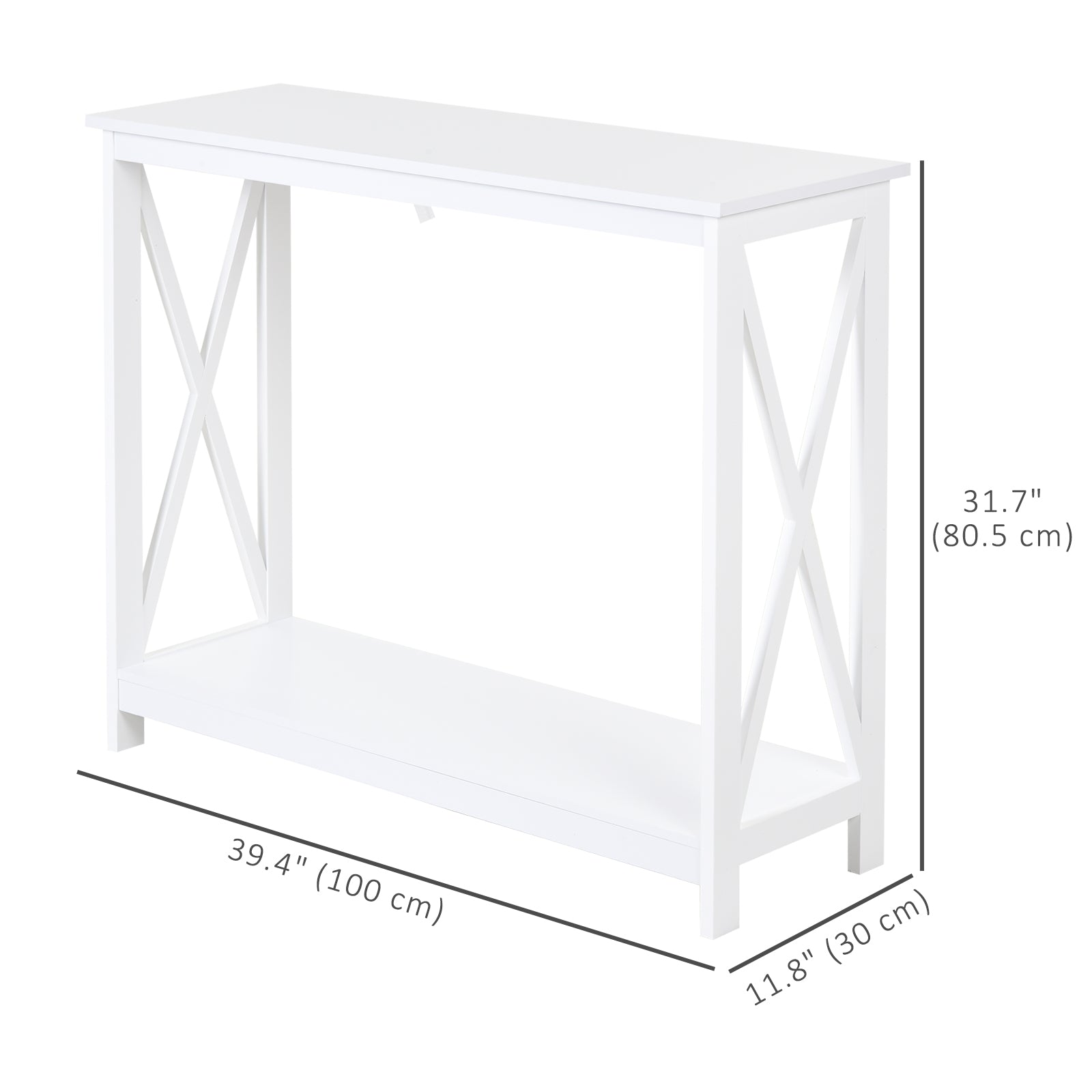 40" Console Table, 2 Tier X-Design Narrow Entryway Table with Storage Shelf for Behind Couch, Living Room, Hallway, White