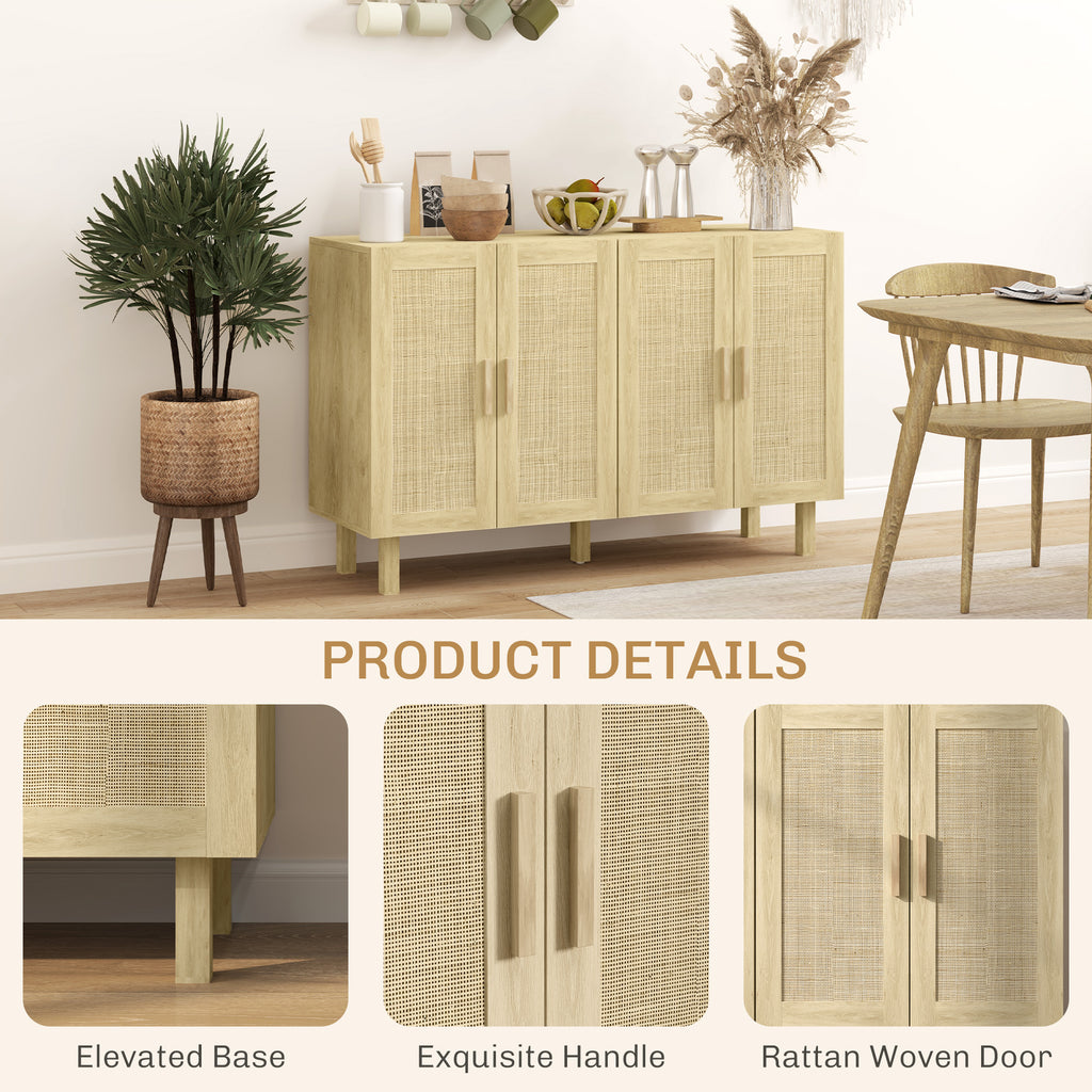 Boho Sideboard Buffet Cabinet, Storage Cabinet with 4 Rattan Doors and Adjustable Shelves, Natural