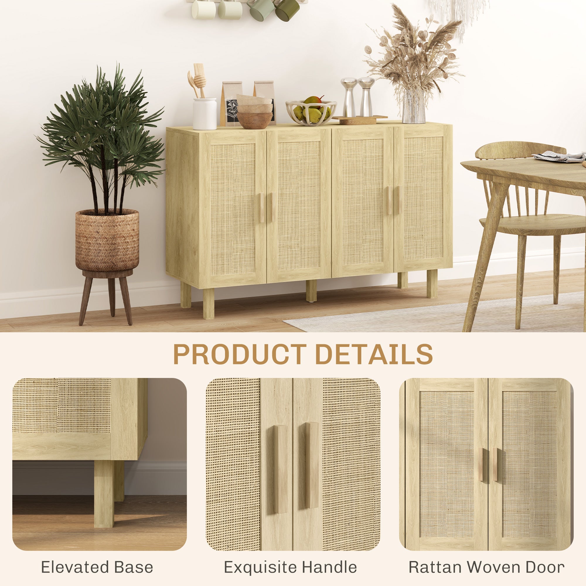 Boho Sideboard Buffet Cabinet, Storage Cabinet with 4 Rattan Doors and Adjustable Shelves, Natural