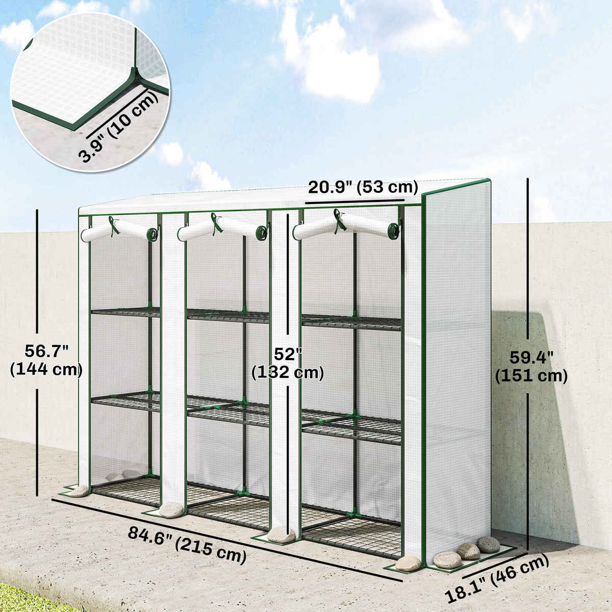 Lean-to Greenhouse with 3 Tier Shelves, Mini Greenhouse with 3 Roll-Up Doors for Indoor Outdoor, Green
