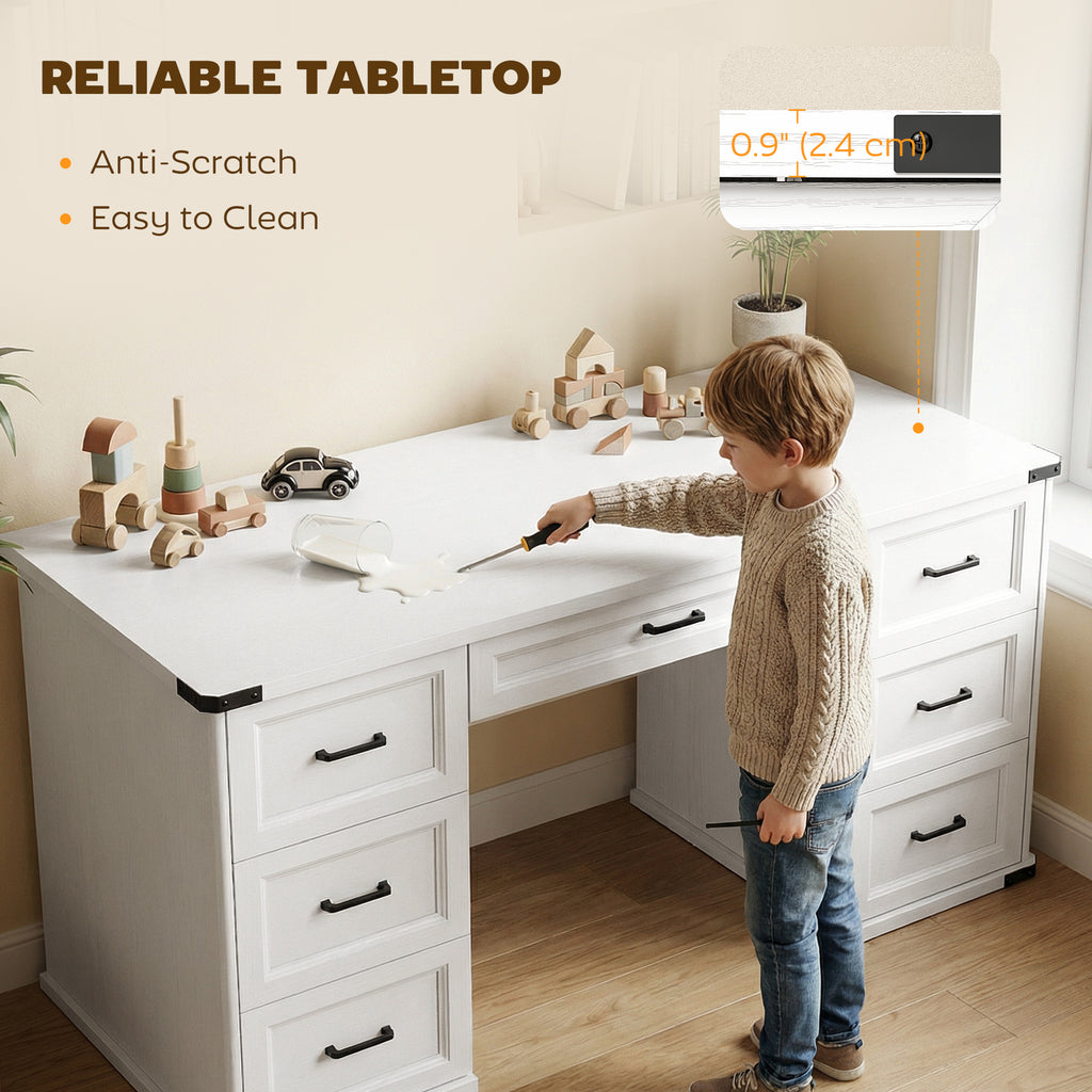 55" Computer Desk with 7 Drawers, Farmhouse Executive Desk for Home Office, Study, Bedroom, Black Wood Grain