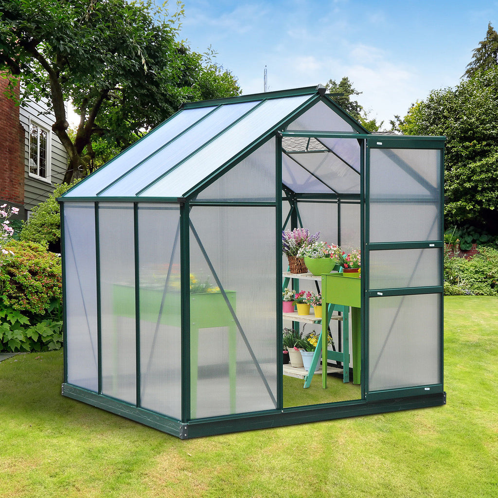 6.2' x 4.3' x 6.6' Clear Polycarbonate Greenhouse Large Walk-In Green House Garden Plants Grow Galvanized Base Aluminium Frame w/ Slide Door