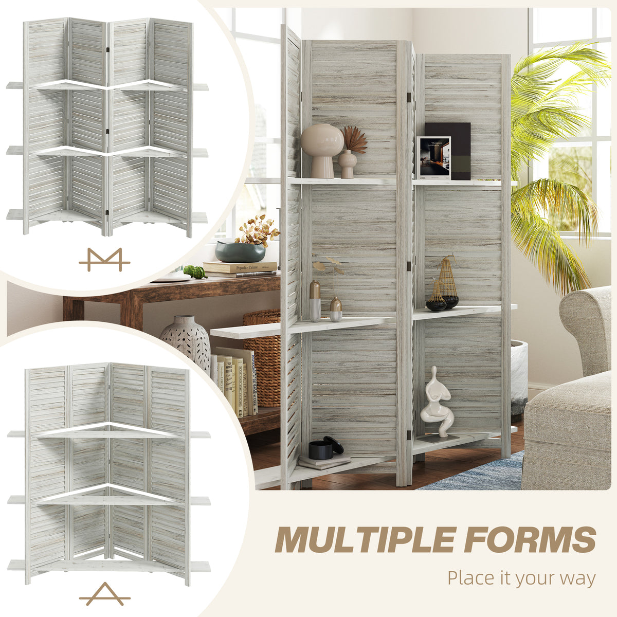 4-Panel Wall Partition Room Separator with 3 Storage Shelves Foldable Design Wooden Frame 5.6FT Distressed White