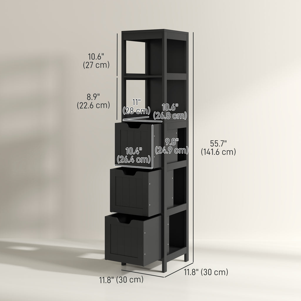 Narrow Bathroom Cabinet with 3 Drawers and 2 Tier Shelf, Tall Cupboard Freestanding Linen Tower, White