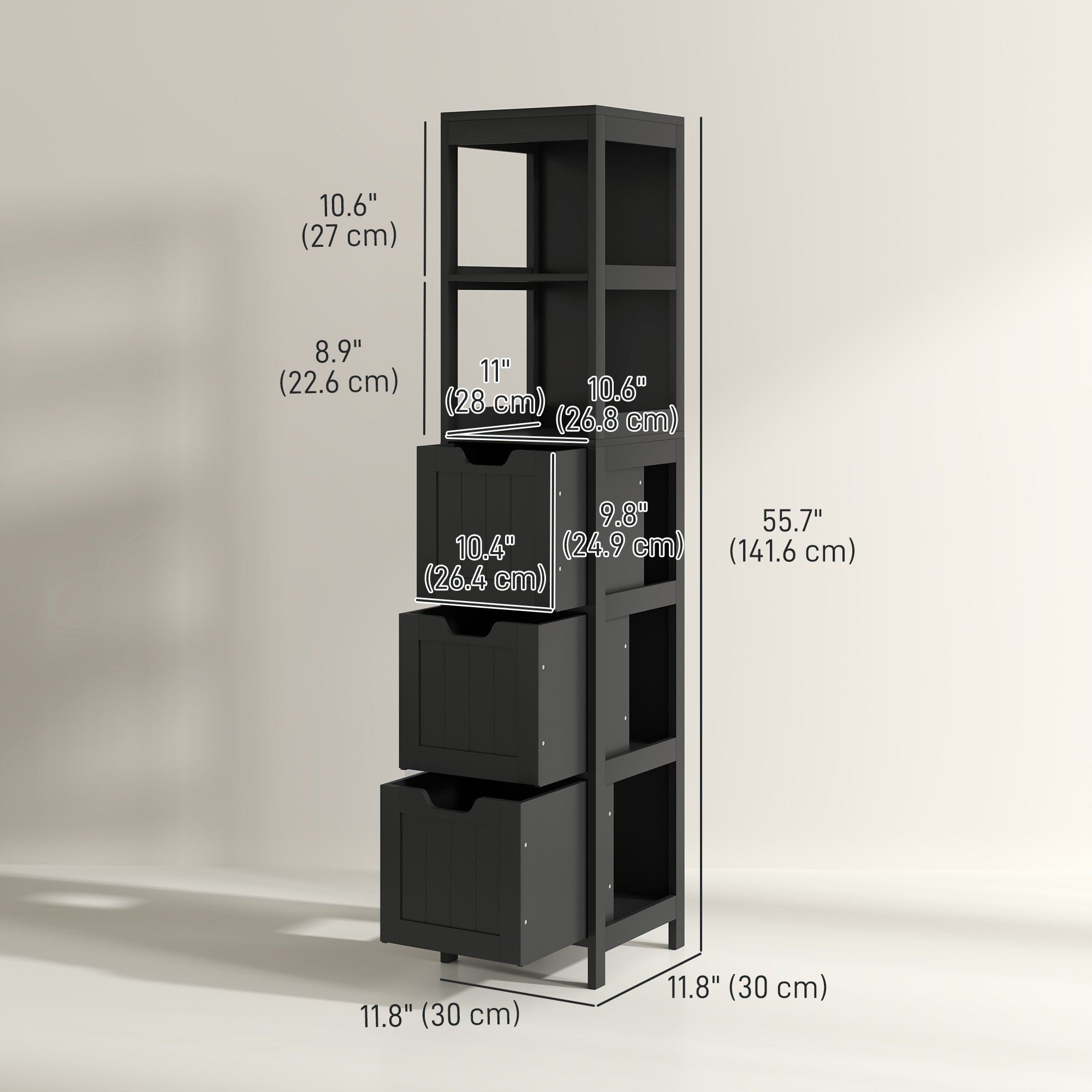 Narrow Bathroom Cabinet with 3 Drawers and 2 Tier Shelf, Tall Cupboard Freestanding Linen Tower, White