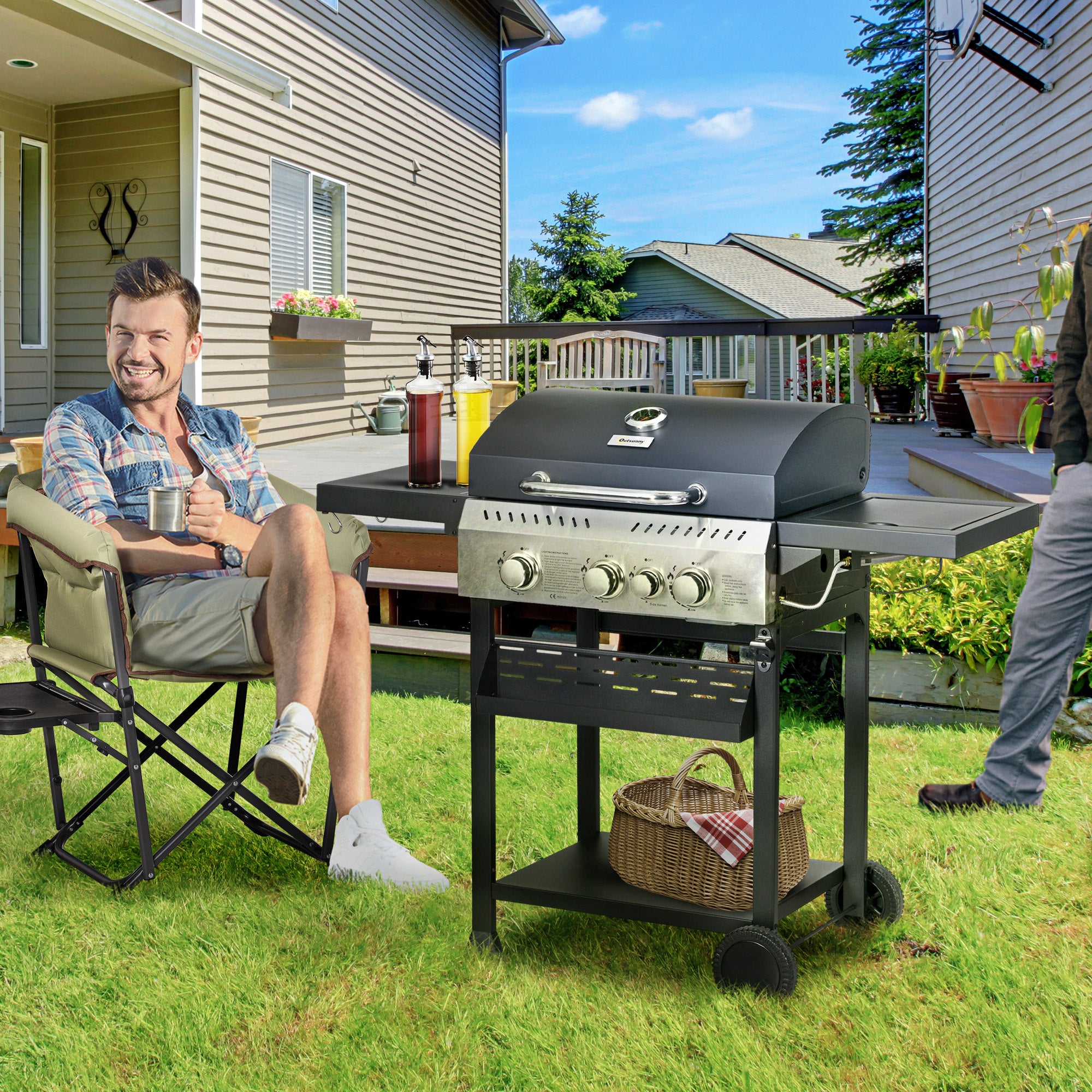 40,000 BTU Propane Gas Grill BBQ Cart with 4 Main Burners, 1 Side Burner, with Warming Rack, Side Prep Tables, Black