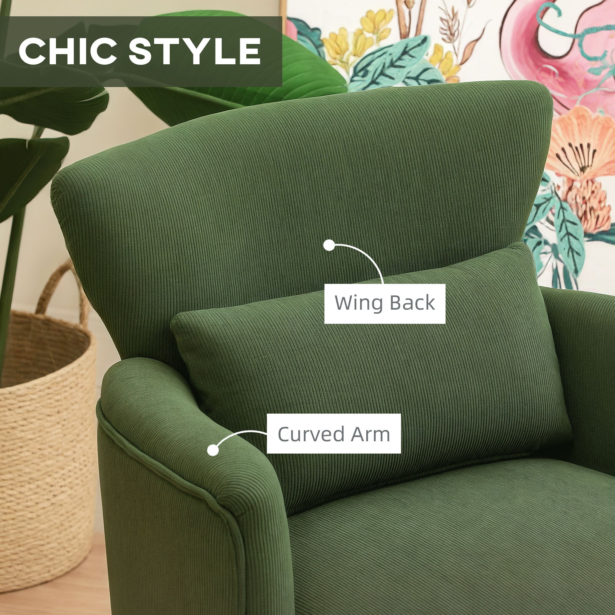 Modern Accent Chair, Upholstered Armchair with Solid Wood Legs and Lumbar Pillow for Living Room, Green