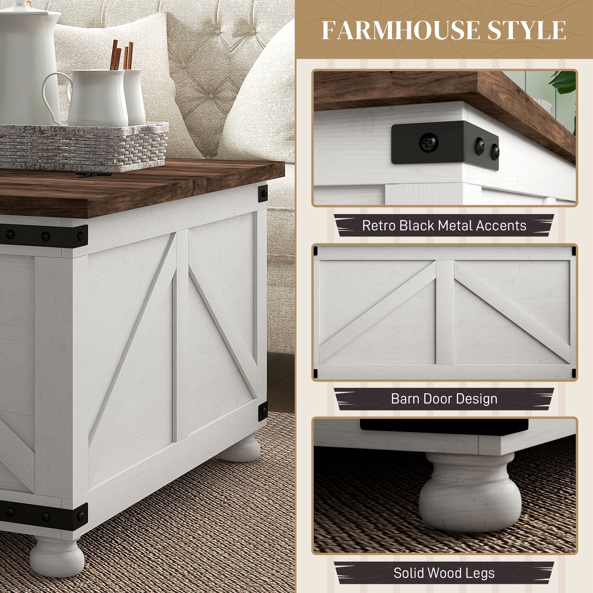 Coffee Table with Lift Top, 32" Farmhouse Center Table with Hidden Compartment for Living Room, Antique White