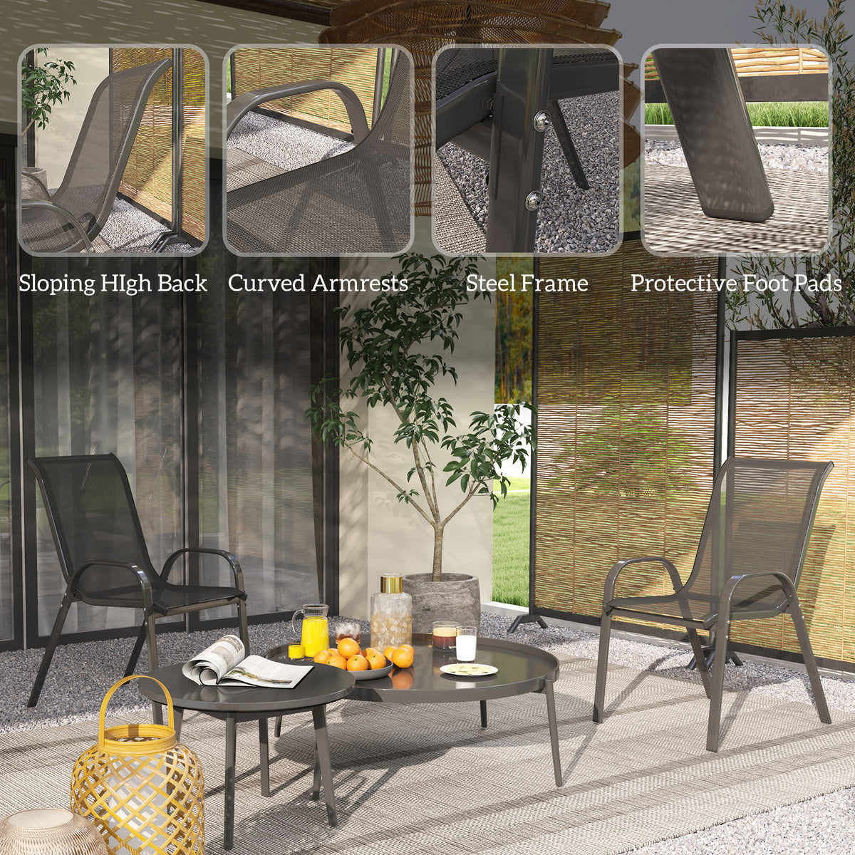 Set of 4 Outdoor Dining Chairs, Stackable Lawn Chairs with High Back, Breathable Mesh Seat for Garden Porch, Black