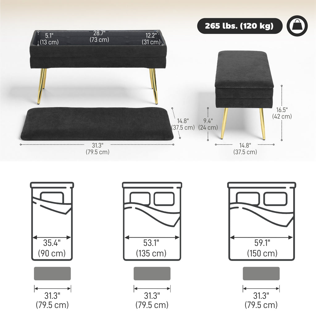 39" Storage Ottoman, Velvet End of Bed Bench with Steel Legs, Foot Stool with Storage for Bedroom, Living Room