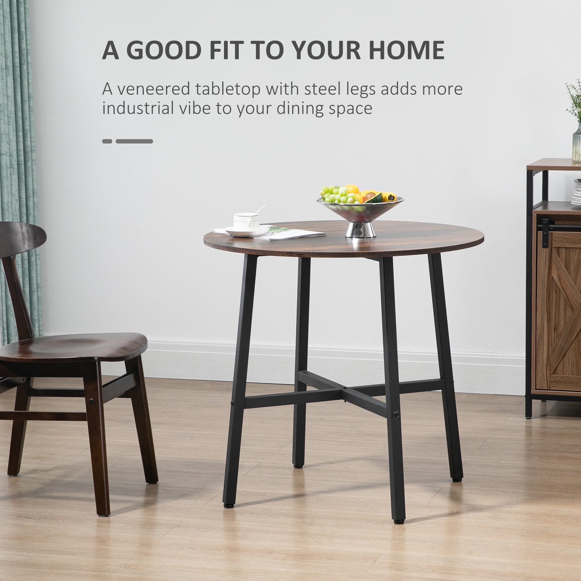 Ф31.5" Dining Room Table, Industrial Style Kitchen Table Round  with Steel Legs, Rustic Brown