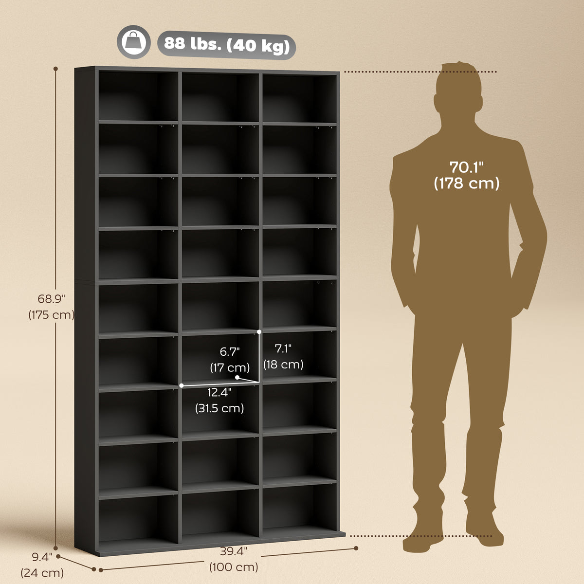 Media Storage Cabinet, 8-Tier DVD Shelf with 18 Adjustable Shelves, Holds 1032 CDs, 594 DVDs or Blu-rays, Black