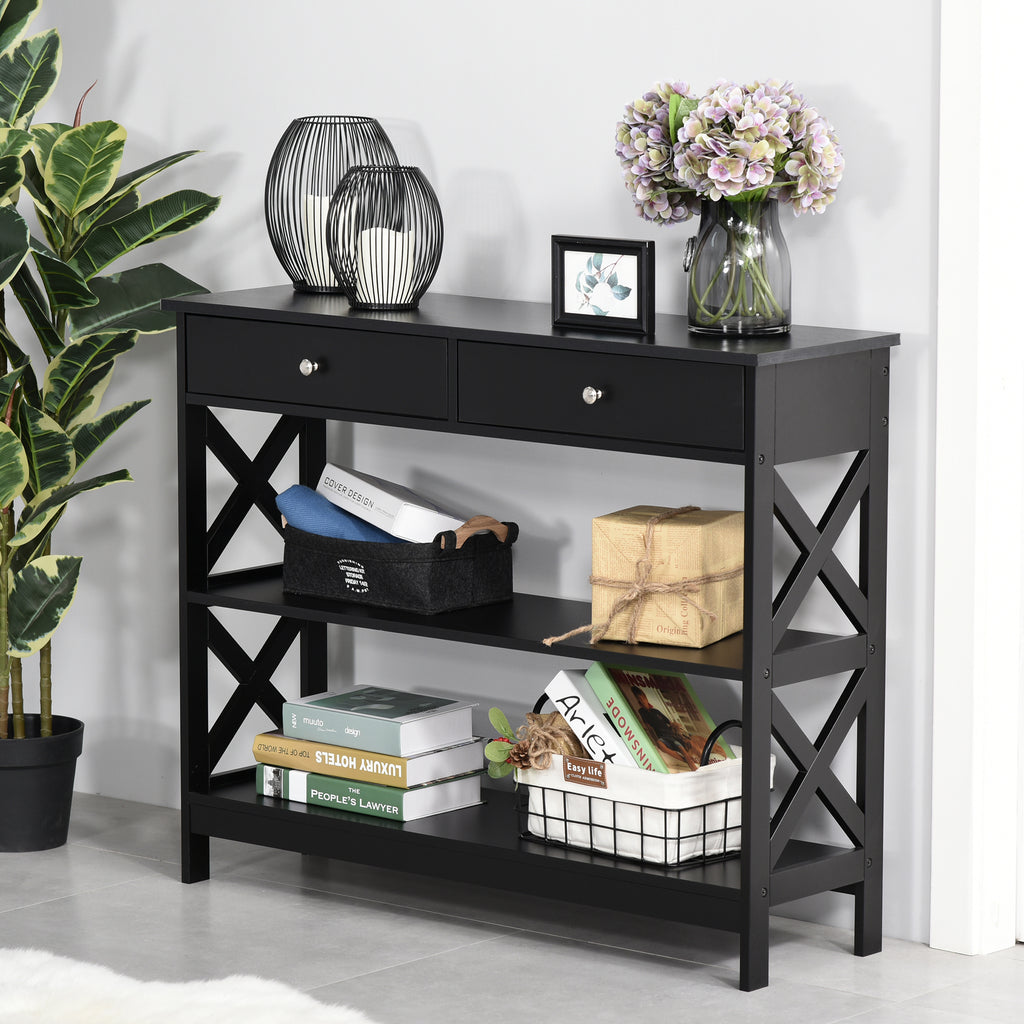 39" Console Table, Narrow Entryway Table with Storage Shelves, Drawers and X Frame for Behind Couch, Living Room, Hallway, Black