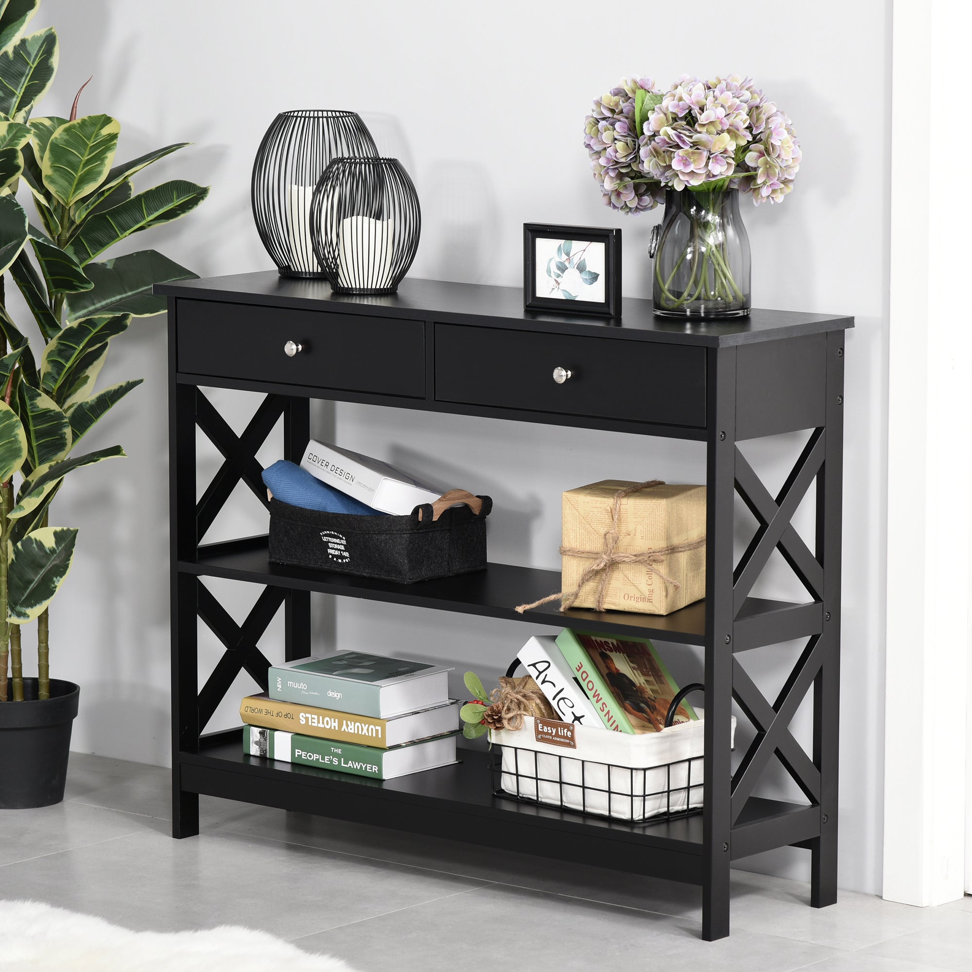 39" Console Table, Narrow Entryway Table with Storage Shelves, Drawers and X Frame for Behind Couch, Living Room, Hallway, Black