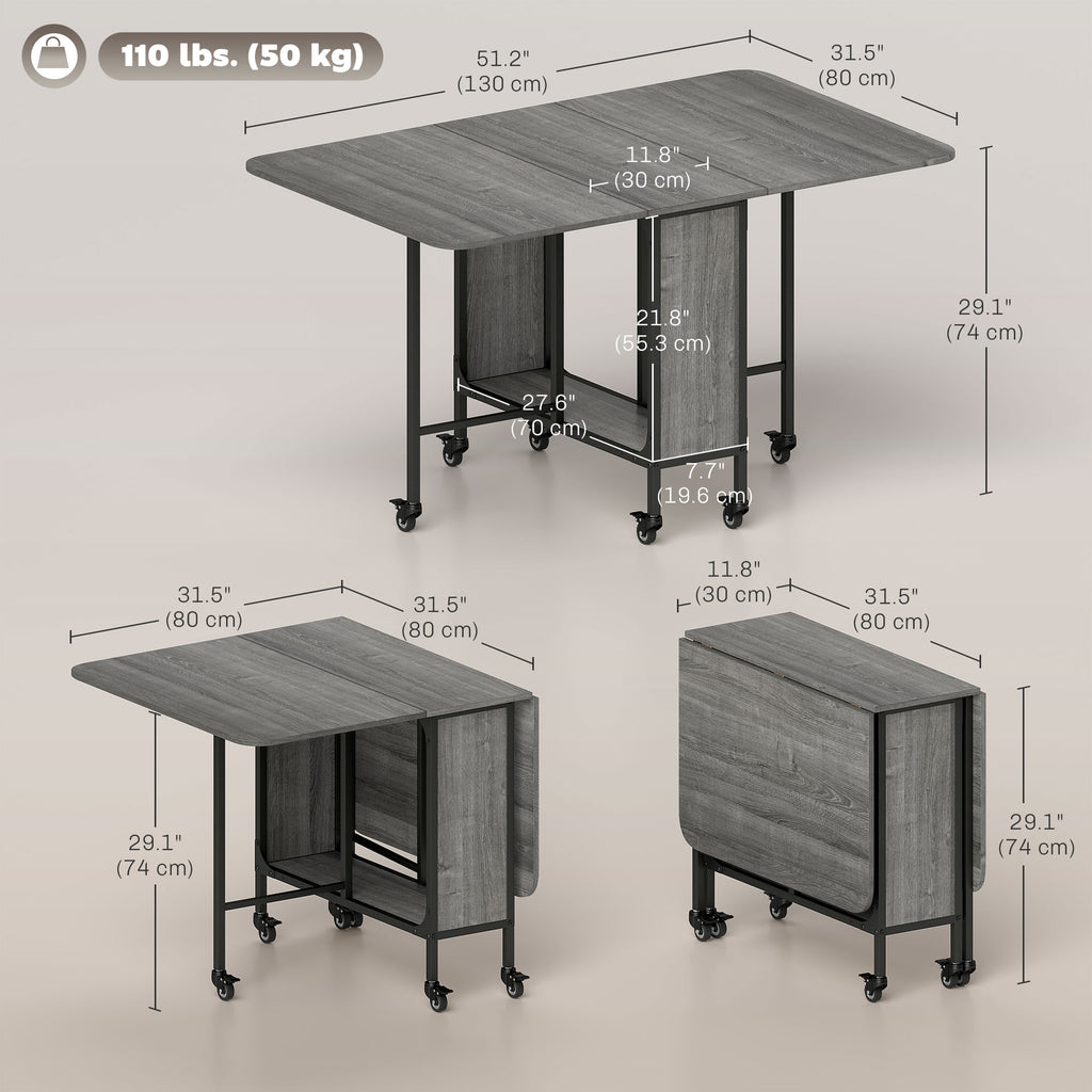 Folding Dining Table, Extendable Kitchen Table for Small Spaces with Storage Shelf and 6 Wheels, Distressed Grey