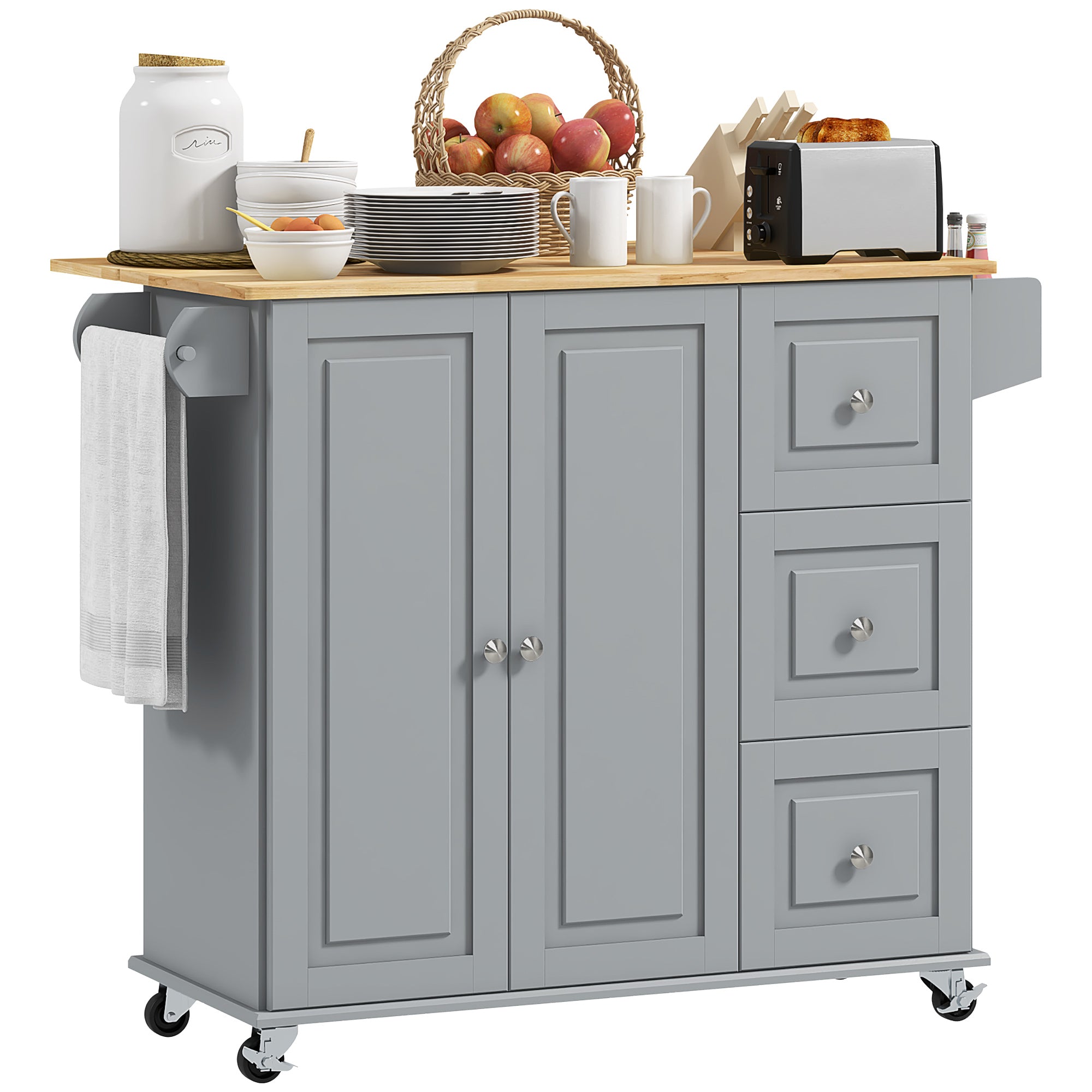 Kitchen Island on Wheels, Kitchen Cart with Drop Leaf, Drawers, White