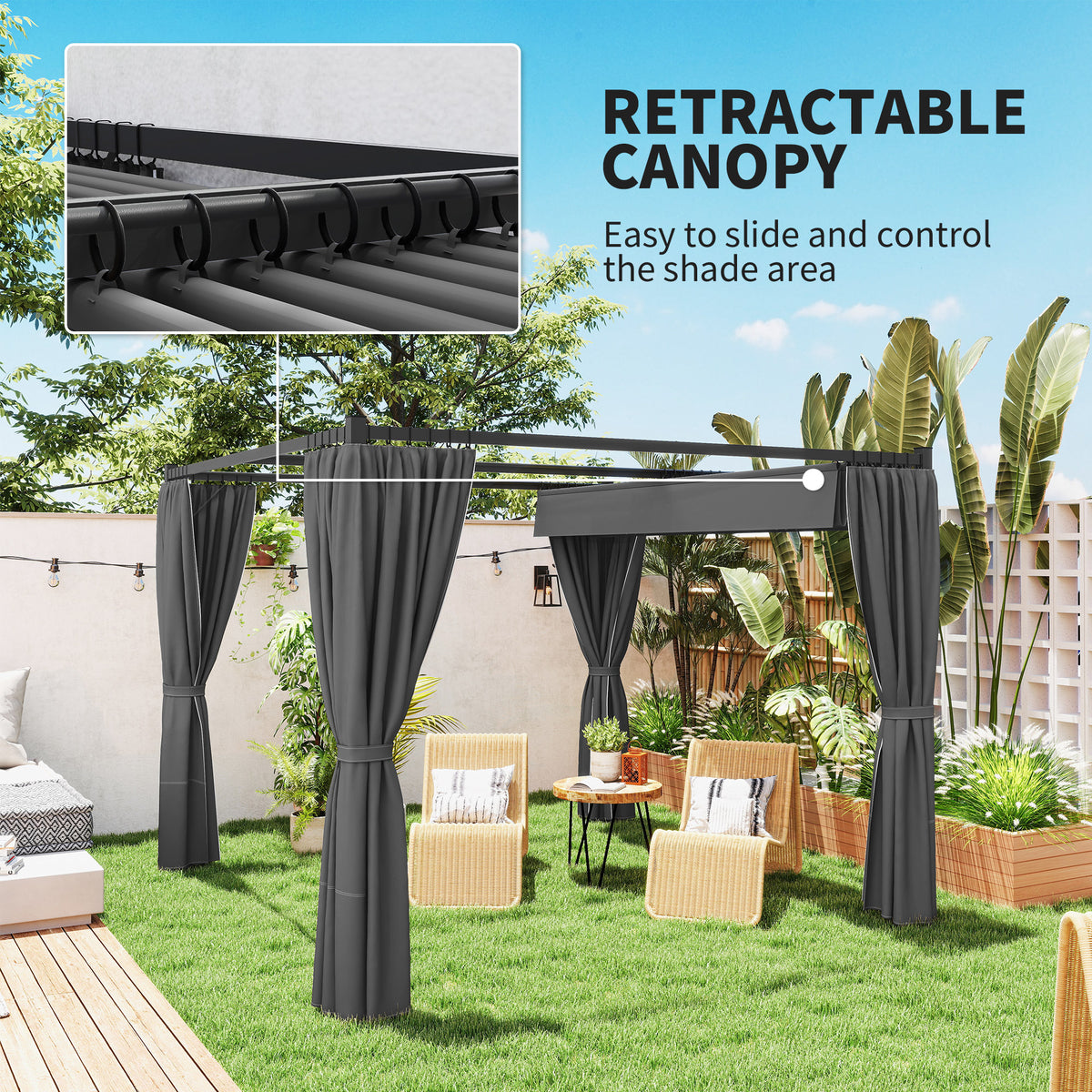 10' x 10' ምምላስ ዝኽእል ፐርጎላ ካኖፒ ምስ ጎኒ መከላኸሊ፣ ብረታዊ ደጋዊ ጋዜቦ ጸሓይ ጽላል መከላኸሊ፣ ጸሊም ግራጫ