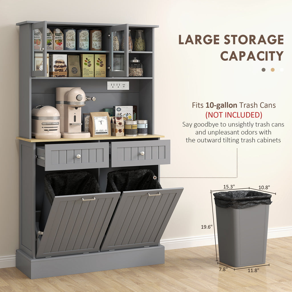 Kitchen Cabinet with Charging Station, 2 Tilt Out Cabinets, Microwave Stand, Freestanding Kitchen Pantry Cabinet, White