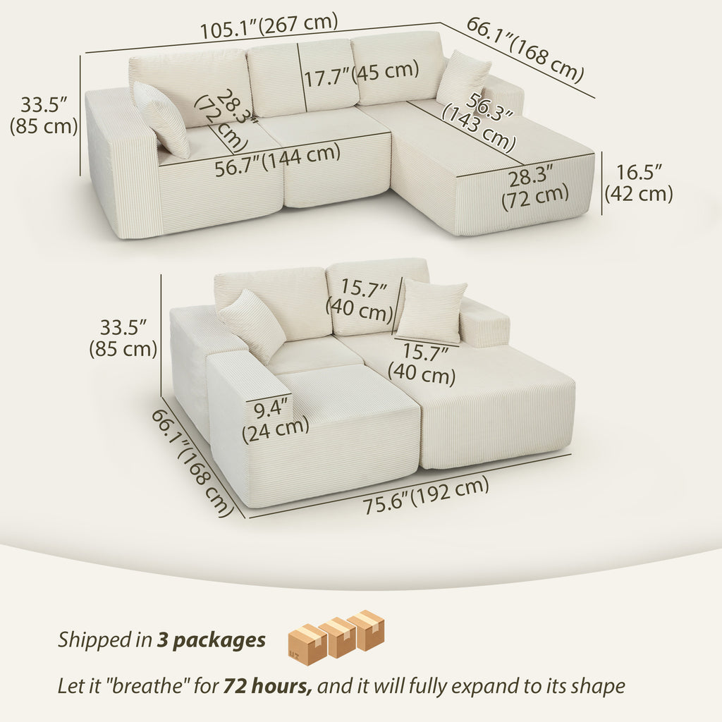 Cream White Modular Sofa, 2-in-1 L Shaped Couch Sofa Bed