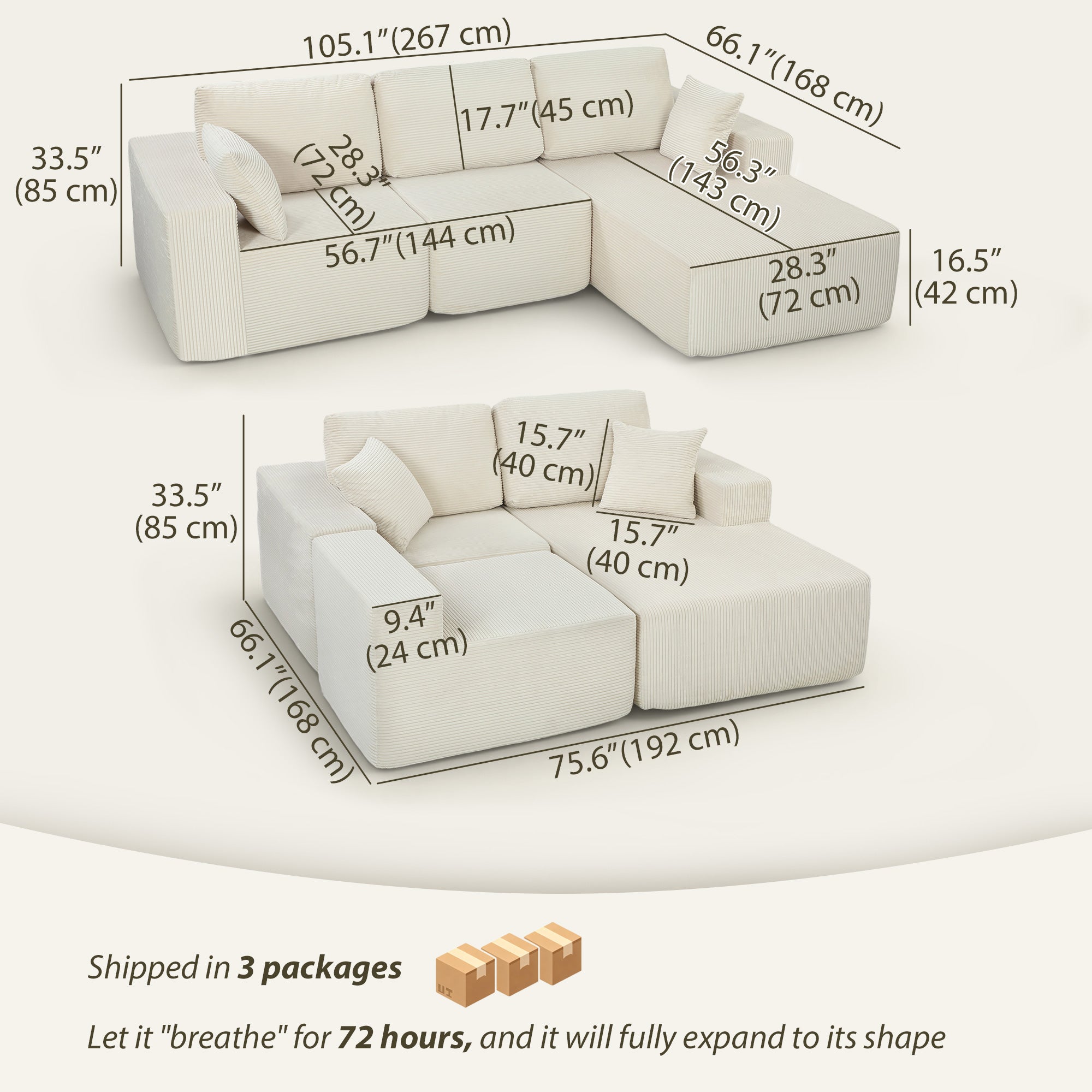 Cream White Modular Sofa, 2-in-1 L Shaped Couch Sofa Bed
