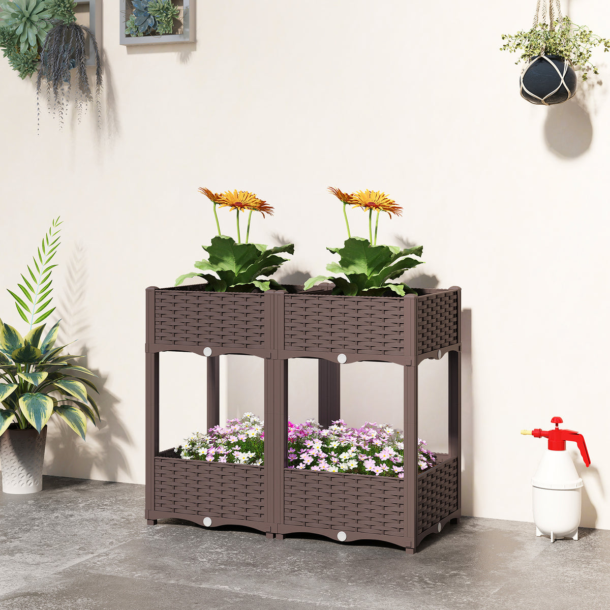 Plastic Raised Garden Bed with Legs, Self Watering Elevated Planter Boxes with Drainage Holes and Plugs