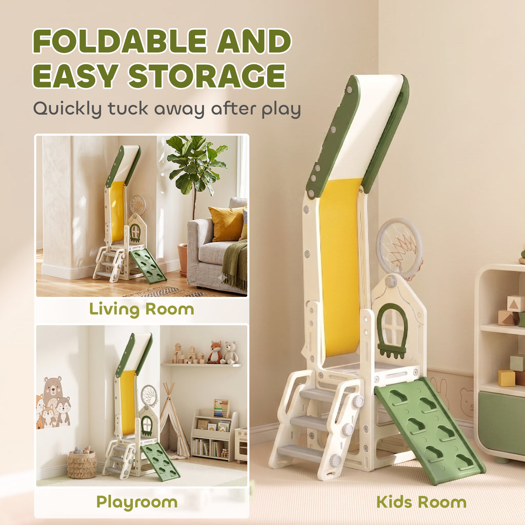Qaba Foldable 4 in 1 Toddler Slide with Climber, Basketball Hoop, Storage Space and Basketball for Ages 1-3 Years, Cream