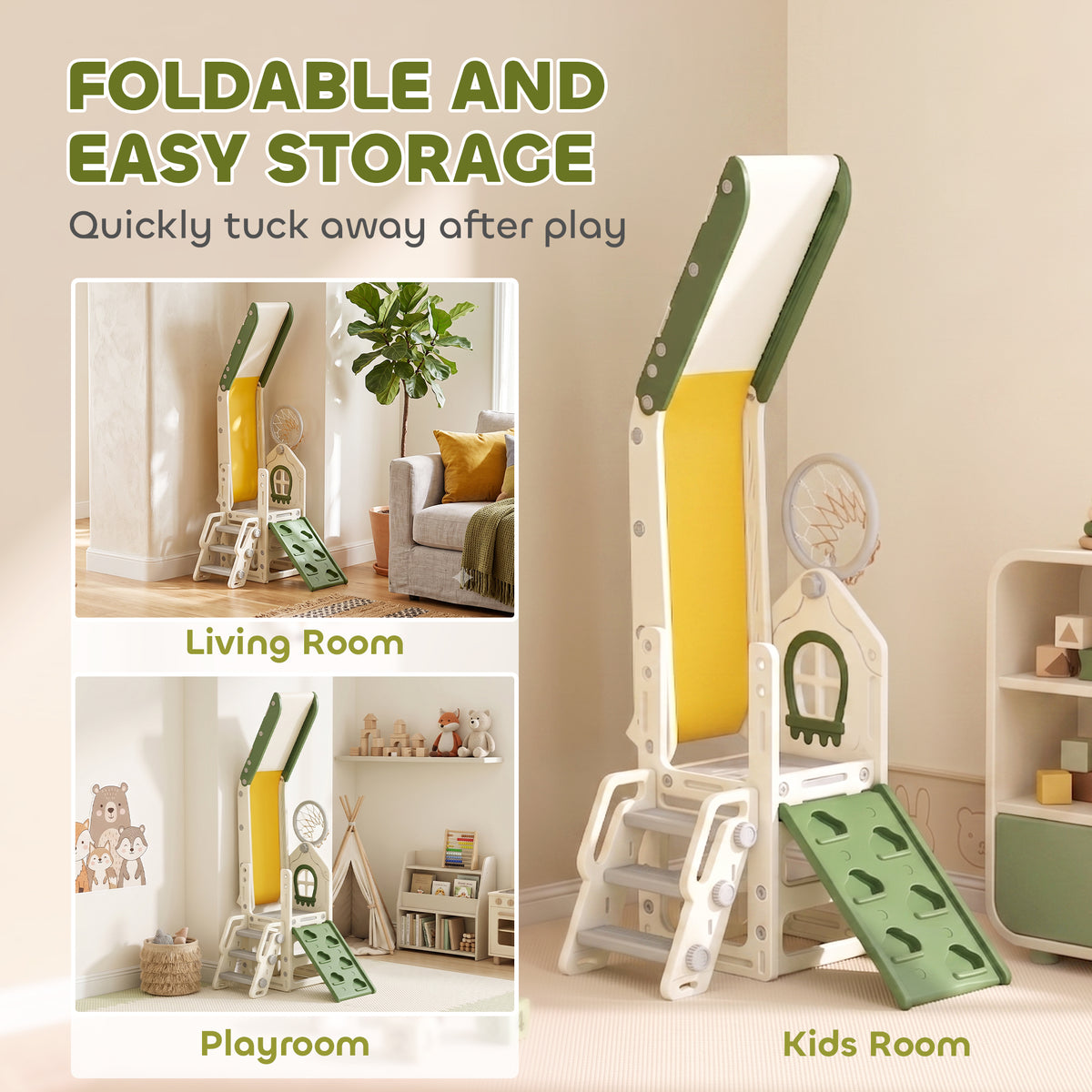 Qaba Foldable 4 in 1 Toddler Slide with Climber, Basketball Hoop, Storage Space and Basketball for Ages 1-3 Years, Cream