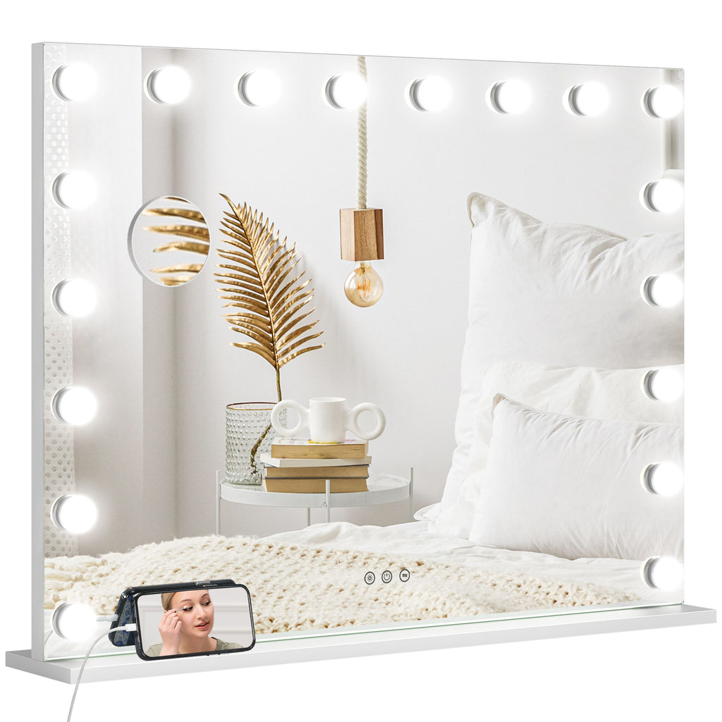 ሆሊውድ ቫኒቲ መስተዋት ምስ መብራህቲ፡ 31.5" x 24.4" ብርሃን ዘለዎ መስተዋት ምስ 3 ሕብርታት፡ 10X ምዕባይ፡ ዩኤስቢ ፖርት፡ ጻዕዳ